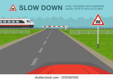 Driving a car. Car is reaching the railroad cross while express passenger train is approaching. Level crossing with barriers ahead warning sign meaning. Flat vector illustration template.