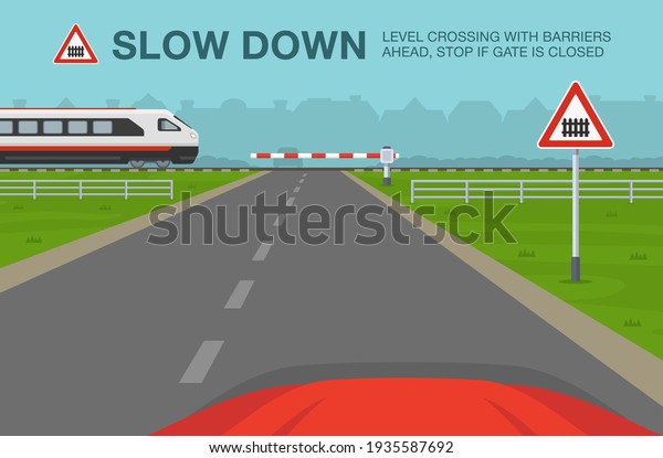 Driving\
a car. Car is reaching the railroad cross while express passenger\
train is approaching. Level crossing with barriers ahead warning\
sign meaning. Flat vector illustration\
template.