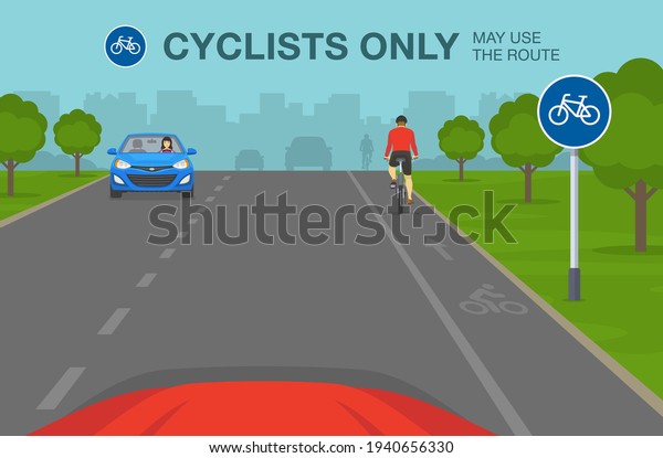 Driving a car. Route to be used by\
pedal cycles only road sign. Blue traffic sign meaning. Back view\
of cycling bike rider. Flat vector illustration\
template.