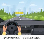 Driving car safety concept vector illustration. Cartoon flat human driver hands drive automobile on asphalt road with speed limit, safe sign on highway. Dashboard inside car interior view background