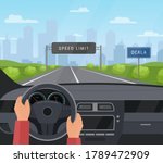 Driving car safety concept vector illustration. Cartoon flat human driver hands drive automobile on asphalt road with speed limit, safe sign on highway. Dashboard inside car interior view background