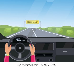 Driving car safety concept vector illustration. Cartoon flat human driver hands drive automobile on asphalt road with speed limit, safe sign on highway. Dashboard inside car interior view background.