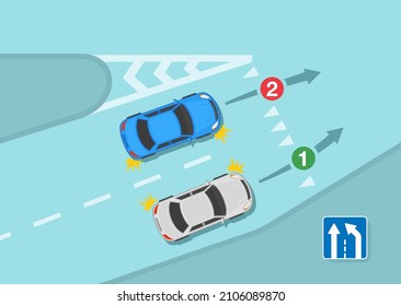 Driving a car. Safety driving tips and traffic regulating rules. Merging onto the highway. Blue sedan car gives way to vehicles from right. Flat vector illustration template.
