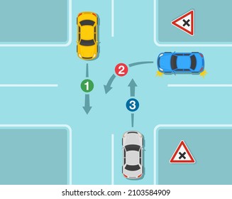 Driving a car. Safety driving and traffic regulating rules. Crossroads with priority to the right. Top view of an intersection road. Flat vector illustration template.