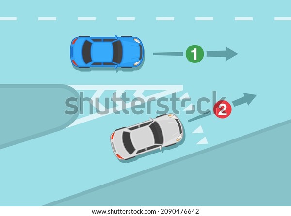 Driving a car. Safety\
driving and traffic regulating rules. Merging onto the highway.\
White sedan car gives way to vehicles on motorway. Flat vector\
illustration template.