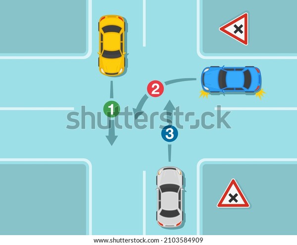 Driving a car. Safety\
driving and traffic regulating rules. Crossroads with priority to\
the right. Top view of an intersection road. Flat vector\
illustration template.