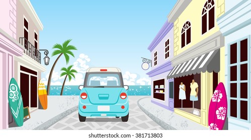 Driving car in the Seaside town - Light blue color - EPS10