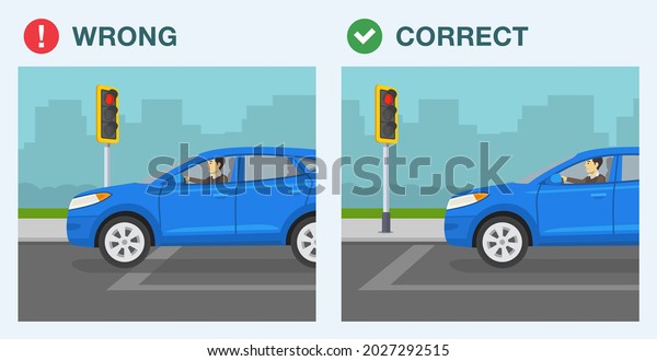 Driving a\
car. Stop line rule. Blue suv car stopped at red traffic light.\
Side view. Flat vector illustration\
template.