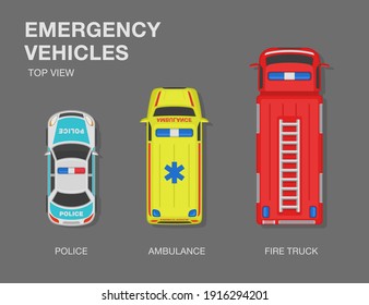 Driving a car. Top view of an emergency vehicles. Police, ambulance and fire brigade. Set of a flat vector illustration template.