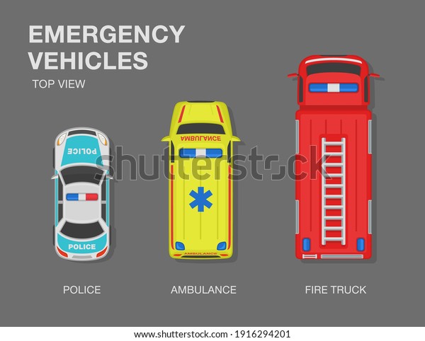 Driving a car. Top view of an emergency\
vehicles. Police, ambulance and fire brigade. Set of a flat vector\
illustration template.
