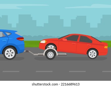 Driving a car. Towing a broken down car on dolly trailer. Side view of a red sedan car on a city road. Flat vector illustration template.