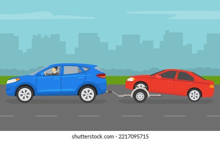 Driving a car. Towing a broken down car on a dolly trailer. Side view of a red sedan and blue suv car on a city road. Flat vector illustration template.