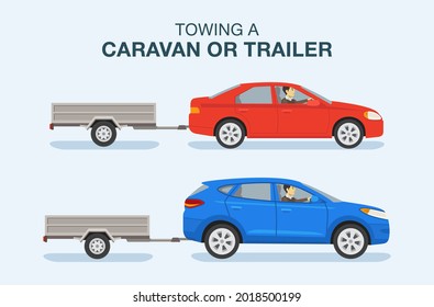 Driving a car. Towing a caravan or trailer. Side view of a red sedan and blue suv car on a city road. Flat vector illustration template. svg
