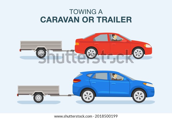 Driving a car. Towing a caravan or trailer.\
Side view of a red sedan and blue suv car on a city road. Flat\
vector illustration\
template.