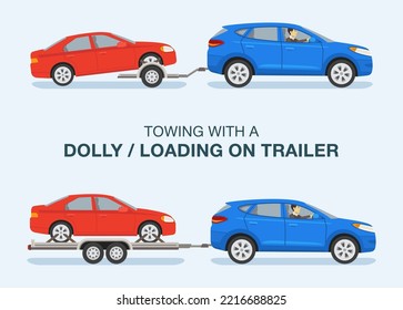 Driving a car. Towing an open car hauler trailer with vehicle on it. Side view of a red sedan car and blue suv car. Types of trailers. Flat vector illustration template.