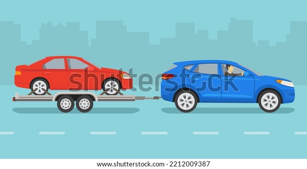 Driving a car. Towing an open car\
hauler trailer with vehicle on it. Side view of a red sedan and\
blue suv car on a city road. Flat vector illustration\
template.