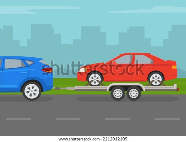 Driving a car. Towing an open car\
hauler trailer with red vehicle on it. Side view of a red sedan car\
on a city road. Flat vector illustration\
template.