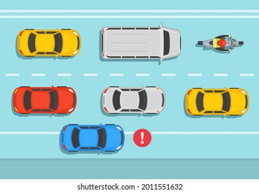 Driving a car. Traffic or road rules and etiquette. Do not travel on a breakdown lane or park. Shoulder is used for emergency stopping only. Flat vector illustration template.