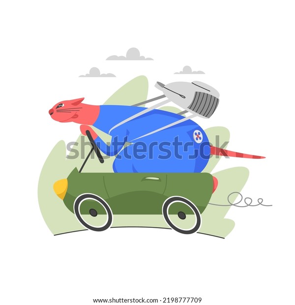 driving a car. vector funny image. the\
cat is in the car. a car is driving down the\
street