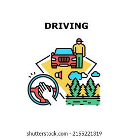 Driving Car Vector Icon Concept. Driver Driving Car For Resting Journey On Nature, Man Traveling On Vehicle Transport For Enjoying Countryside Landscape. Automobile Trip Color Illustration