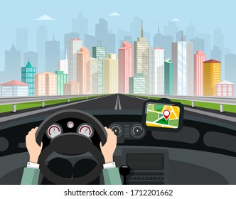 Ilustración del vector de Camión de conducción. Manos en el volante de la dirección, navegación GPS con Red Pin y Big City Skyline con rascacielos en segundo plano.