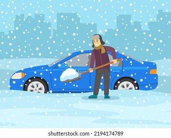 Driving A Car In Winter Conditions. Man With Shovel Cleaning Car Stuck In Snow. Side View Of A Car Covered With Snow. Flat Vector Illustration Template.