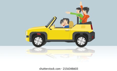 Driving car yellow color off road open roof. Family trip with parents sit in front while children sit in the back with happy hands. Background image has a reflection shape.