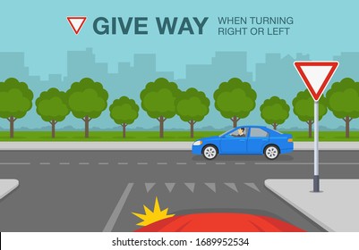 Driving A Car. Yield Or Give Way Sign Rule. Car Is About To Turn Left On The Street. Flat Vector Illustration.