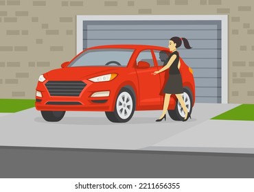 Driving A Car. Young Female Driver Opening Front Suv Car Door. Red Suv Car On Driveway. Flat Vector Illustration Template.