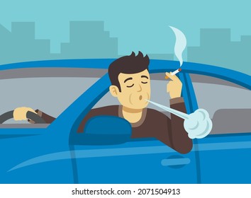 Conduciendo un auto. Joven chófer fumando cigarrillos y conduciendo. Cerrar vista. Plantilla de ilustración vectorial plana.