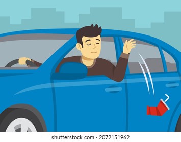 Driving a car. Young male driver throws out a used plastic cup on the ground from the front open window. Close up front view. Flat vector illustration template.