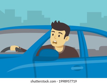 Driving a car. Young scared male driver is looking through an open window. Character looks out a front window. Close-up view. Flat vector illustration template.