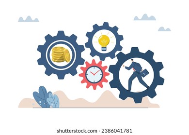 Driving the concept of efficient work processes in business organizations, Links of successful business mechanisms, New idea, timing, action, Businessmen running in the cogs of the business mechanism