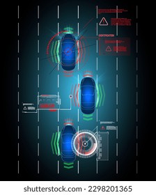 Driving control system without driver assistance. Safe driving. Vector Futuristic car user interface. HUD UI. Hologram of the car, scanning. Abstract virtual graphic touch user interface.
