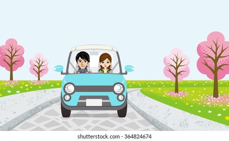 Driving  Couple - cherry tree road -EPS10