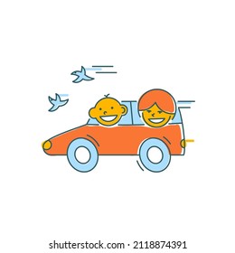 Driving couple. Funny character design. Vector illustration in trendy linear cartoon style