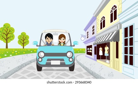 Driving Couple in spring small town, EPS10