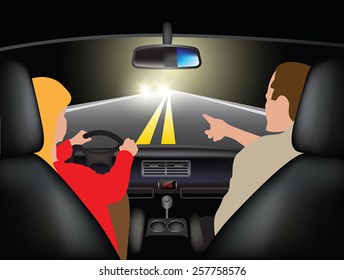 Driving course at night - young woman driving car with instructor. Vector illustration