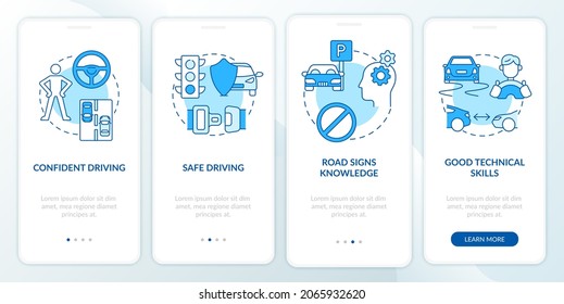 Driving Course Results Blue Onboarding Mobile App Page Screen. Drivers License Walkthrough 4 Steps Graphic Instructions With Concepts. UI, UX, GUI Vector Template With Linear Color Illustrations