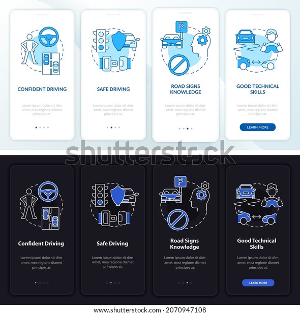 Driving course results dark, light\
onboarding mobile app page screen. Walkthrough 4 steps graphic\
instructions with concepts. UI, UX, GUI vector template with linear\
night and day mode\
illustrations