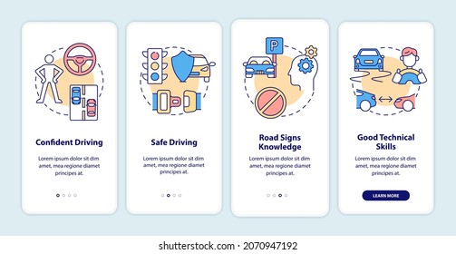 Driving course results onboarding mobile app page screen. Drivers license walkthrough 4 steps graphic instructions with concepts. UI, UX, GUI vector template with linear color illustrations