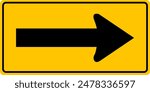 Driving direction sign. The arrow indicates the direction of movement. Permitted directions of movement at intersections, junctions and other sections of the road. Warning yellow road sign.