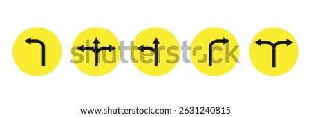 Driving direction sign. The arrow indicates the direction of movement. Permitted directions of movement at intersections, junctions and other sections of the road. Warning yellow road sign. Eps 10.