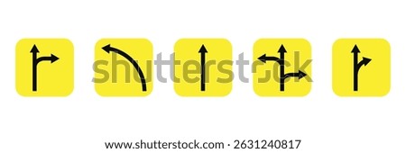 Driving direction sign. The arrow indicates the direction of movement. Permitted directions of movement at intersections, junctions and other sections of the road. Warning yellow road sign. Eps 10.