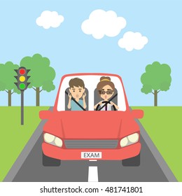 Driving exam frightening. Male instructor and female learner are scared. Funny cartoon situation. Riding on the city street.