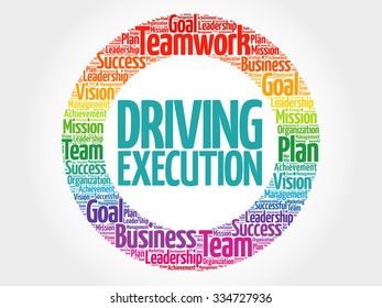 Driving Execution circle stamp word cloud, business concept