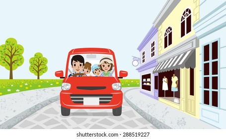 Driving Family in spring small town -EPS10