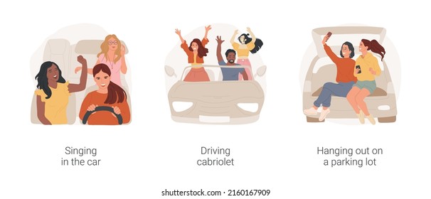 Driving the first car isolated cartoon vector illustration set. Diverse teenage girls singing in the car, driving cabriolet, fun ride, young friends hanging out on parking lot vector cartoon.