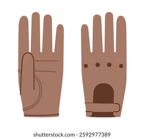 Driving Gloves Mocha Mousse cartoon Fashion hand accessory clothing technical illustration garment. Vector front palm back view for Men, women, unisex style flat template CAD mockup sketch outline