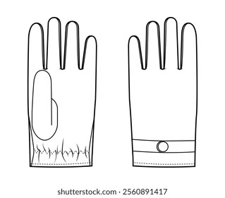 Driving Gloves Short Wrist length Fashion hand full-finger design snap-fit fastening pull-on style accessory clothing technical illustration garment. Vector Men, women style flat template CAD mockup